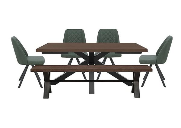 Mars Large Live Edge Dining Table with 180cm Bench and 4 Faux Leather Swivel Chairs  Green | Bed Sava