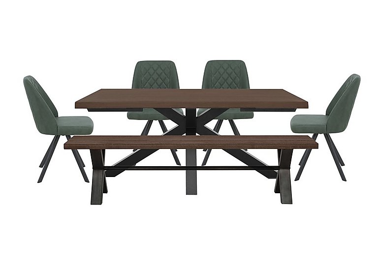 Mars Large Live Edge Dining Table with 180cm Bench and 4 Faux Leather Swivel Chairs - Green