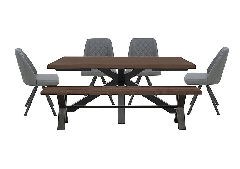 Mars Large Live Edge Dining Table with 180cm Bench and 4 Faux Leather Swivel Chairs - Grey