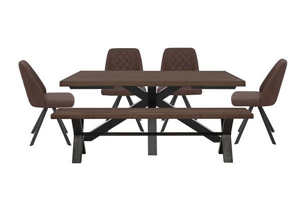 Mars Large Live Edge Dining Table with 180cm Bench and 4 Faux Leather Swivel Chairs | Bed Sava
