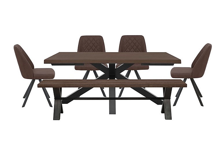 Mars Large Live Edge Dining Table with 180cm Bench and 4 Faux Leather Swivel Chairs