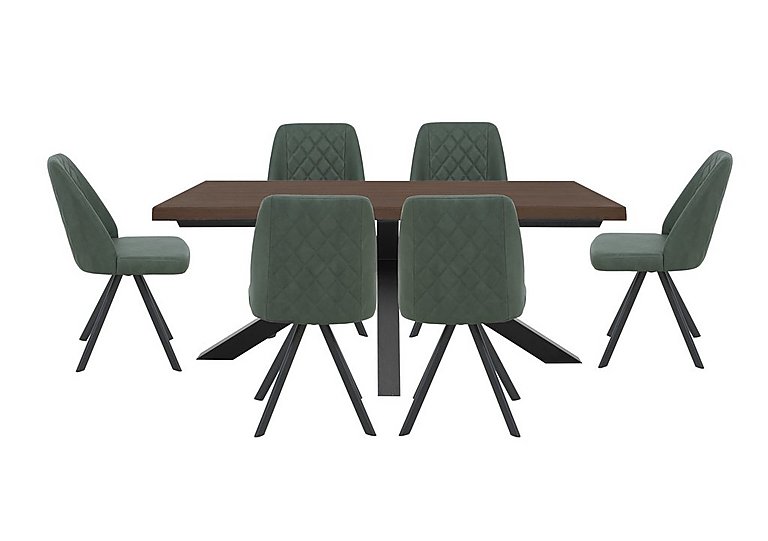 Mars Large Live Edge Dining Table with 6 Faux Leather Swivel Chairs - Green