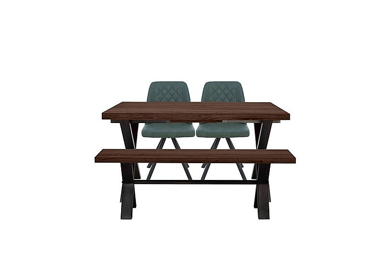 Mars Small Straight Edge Dining Table with 140cm Bench and 2 Faux Leather Swivel Chairs - Green