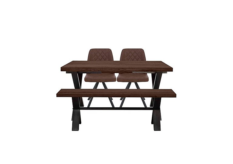 Mars Small Straight Edge Dining Table with 140cm Bench and 2 Faux Leather Swivel Chairs