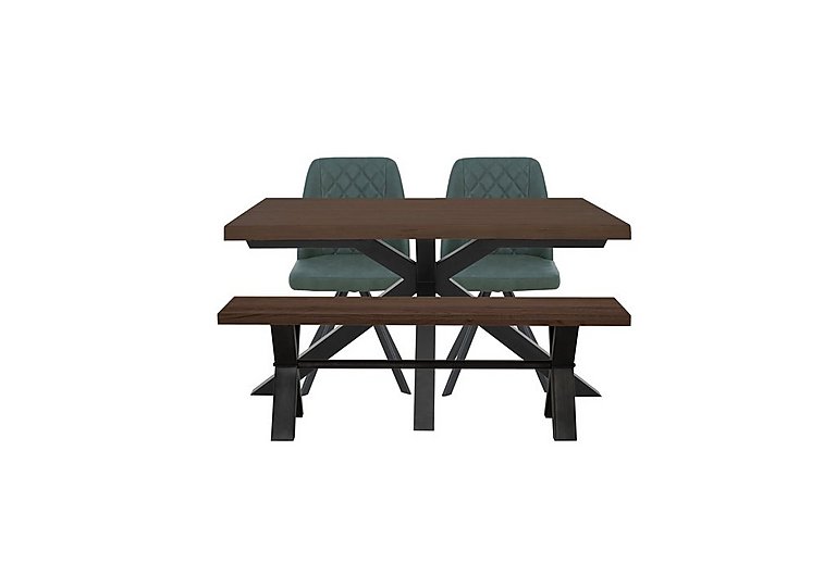Mars Small Live Edge Dining Table with 140cm Bench and 2 Faux Leather Swivel Chairs - Green