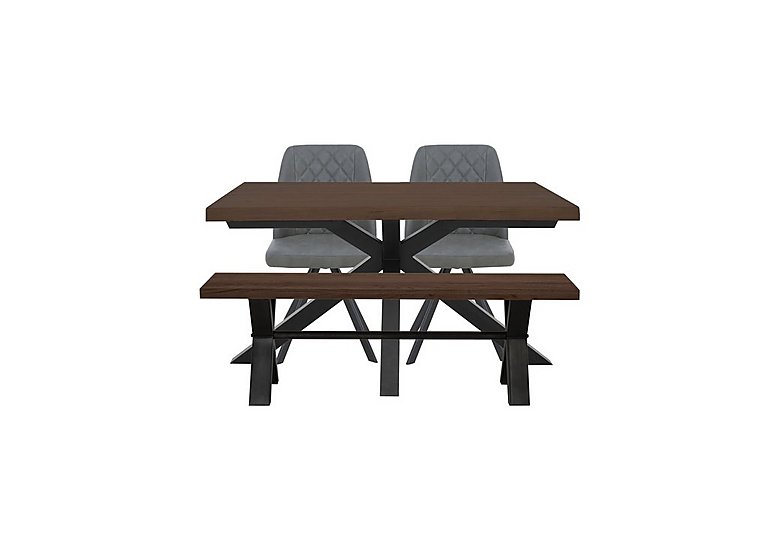 Mars Small Live Edge Dining Table with 140cm Bench and 2 Faux Leather Swivel Chairs - Grey