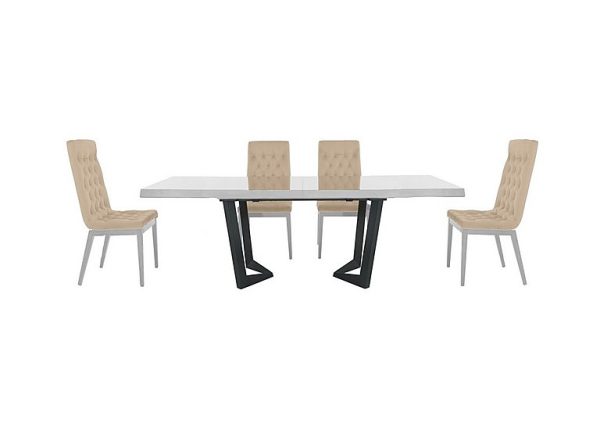 Palazzo 200cm Extending Dining Table in Glossy White with 4 Capitonne Buttoned Chairs  Aquos Cream | Bed Sava