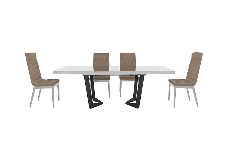 Palazzo 200cm Extending Dining Table in Glossy White with 4 Capitonne Buttoned Chairs - Aquos Taupe