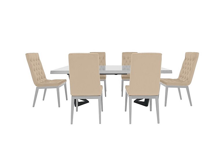 Palazzo 200cm Extending Dining Table in Glossy White with 6 Capitonne Buttoned Chairs - Aquos Cream