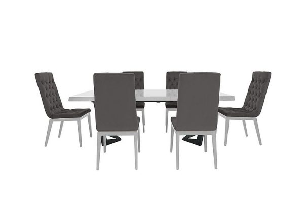 Palazzo 200cm Extending Dining Table in Glossy White with 6 Capitonne Buttoned Chairs  Aquos Dark Grey | Bed Sava