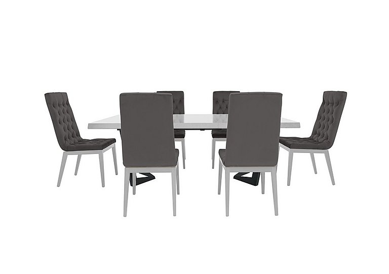 Palazzo 200cm Extending Dining Table in Glossy White with 6 Capitonne Buttoned Chairs - Aquos Dark Grey