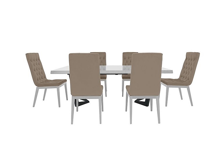 Palazzo 200cm Extending Dining Table in Glossy White with 6 Capitonne Buttoned Chairs - Aquos Taupe