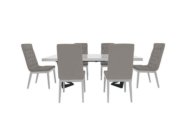 Palazzo 200cm Extending Dining Table in Glossy White with 6 Capitonne Buttoned Chairs  Scarlet Silver | Bed Sava
