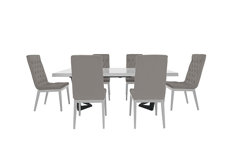 Palazzo 200cm Extending Dining Table in Glossy White with 6 Capitonne Buttoned Chairs - Scarlet Silver