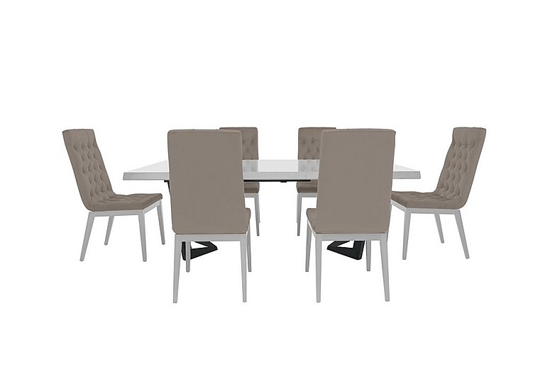 Palazzo 200cm Extending Dining Table in Glossy White with 6 Capitonne Buttoned Chairs - Scarlet Taupe