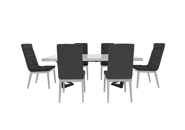 Palazzo 200cm Extending Dining Table in Glossy White with 6 Capitonne Buttoned Chairs  Scarlet Dark Grey | Bed Sava