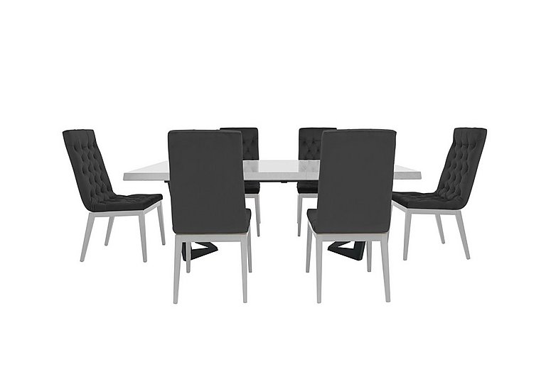 Palazzo 200cm Extending Dining Table in Glossy White with 6 Capitonne Buttoned Chairs - Scarlet Dark Grey