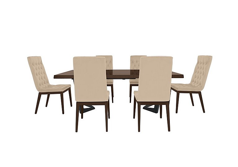 Palazzo 200cm Extending Dining Table in Dark Walnut with 6 Capitonne Buttoned Chairs - Aquos Cream