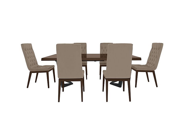 Palazzo 200cm Extending Dining Table in Dark Walnut with 6 Capitonne Buttoned Chairs - Aquos Taupe
