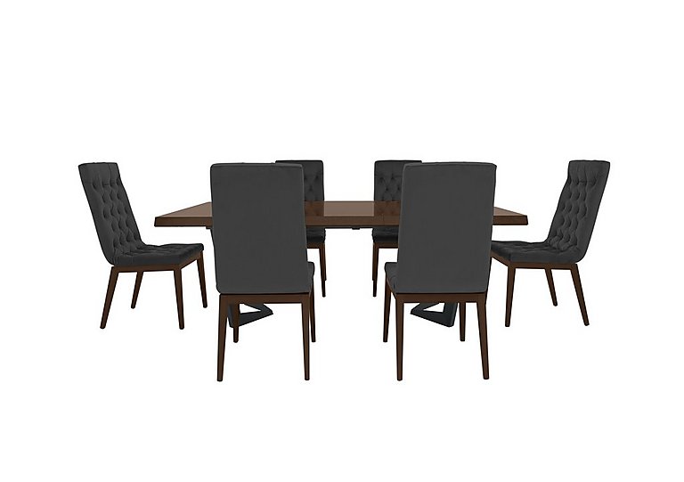 Palazzo 200cm Extending Dining Table in Dark Walnut with 6 Capitonne Buttoned Chairs - Scarlet Dark Grey