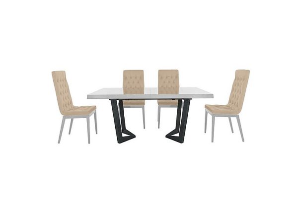 Palazzo 160cm Extending Dining Table in Glossy White with 4 Capitonne Buttoned Chairs  Aquos Cream | Bed Sava