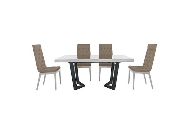 Palazzo 160cm Extending Dining Table in Glossy White with 4 Capitonne Buttoned Chairs  Aquos Taupe | Bed Sava