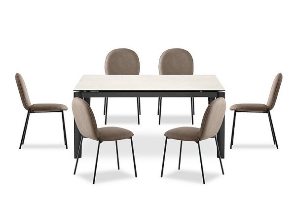 Connubia  Rosa 160cm Medium Extending Dining Table with Salt White Ceramic Top and Black Metal Legs and 6 Riley Chairs  Desert | Bed Sava
