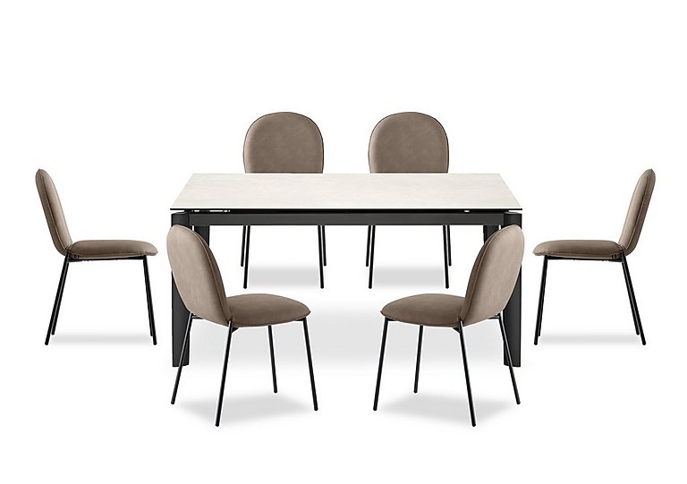 Connubia  Rosa 160cm Medium Extending Dining Table with Salt White Ceramic Top and Black Metal Legs and 6 Riley Chairs  Desert | Bed Sava