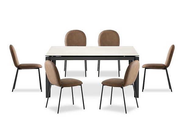 Connubia  Rosa 160cm Medium Extending Dining Table with Salt White Ceramic Top and Black Metal Legs and 6 Riley Chairs  Tobacco | Bed Sava