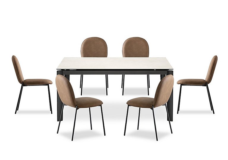 Connubia  Rosa 160cm Medium Extending Dining Table with Salt White Ceramic Top and Black Metal Legs and 6 Riley Chairs  Tobacco | Bed Sava
