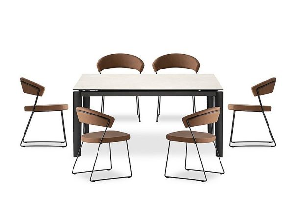 Connubia  Rosa 160cm Medium Extending Dining Table with Salt White Ceramic Top and Black Metal Legs and 6 New York Chairs  Tobacco | Bed Sava