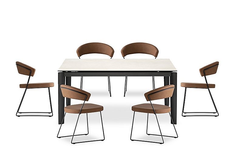 Connubia  Rosa 160cm Medium Extending Dining Table with Salt White Ceramic Top and Black Metal Legs and 6 New York Chairs  Tobacco | Bed Sava