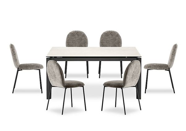 Connubia  Rosa 160cm Medium Extending Dining Table with Salt White Ceramic Top and Black Metal Legs and 6 Riley Chairs | Bed Sava