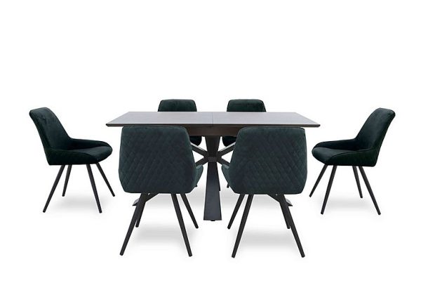 Saigon Extending Table with Metal Base and 6 Green Velvet Dining Chairs  Forest | Bed Sava