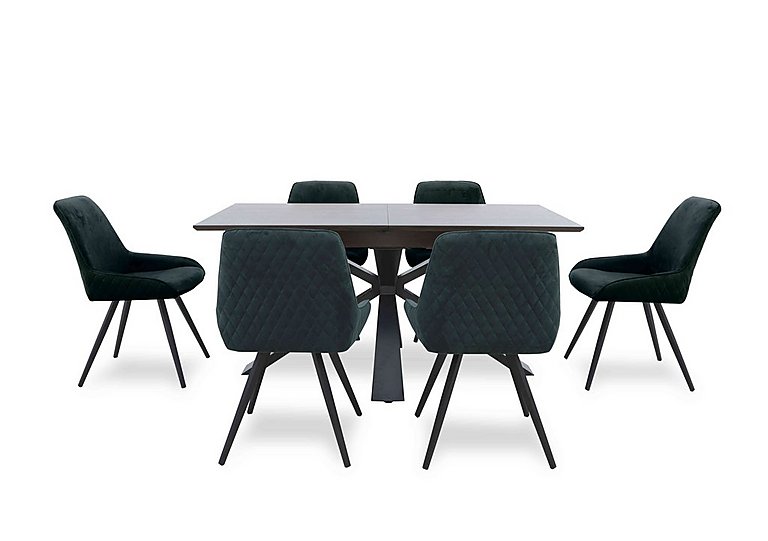 Saigon Extending Table with Metal Base and 6 Green Velvet Dining Chairs - Forest