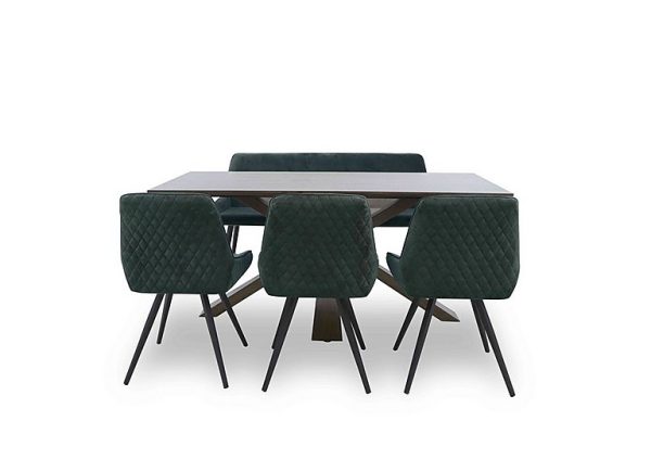 Saigon Fixed Table with Wooden Base and 3 Green Velvet Dining Chairs and a Dining Bench | Bed Sava