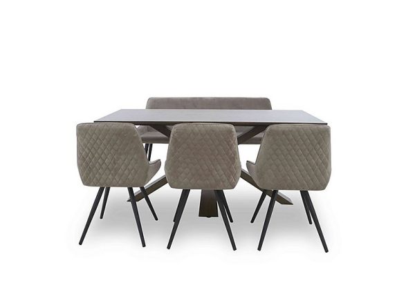 Saigon Fixed Table with Wooden Base and 3 Taupe Velvet Dining Chairs and a Dining Bench | Bed Sava
