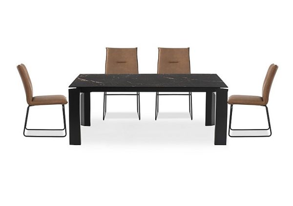 Connubia  Viola 220cm Extra Large Extending Dining Table with Calacatta Ceramic Top and Graphite Wooden Legs and 4 Maya Chairs  Tobacco | Bed Sava