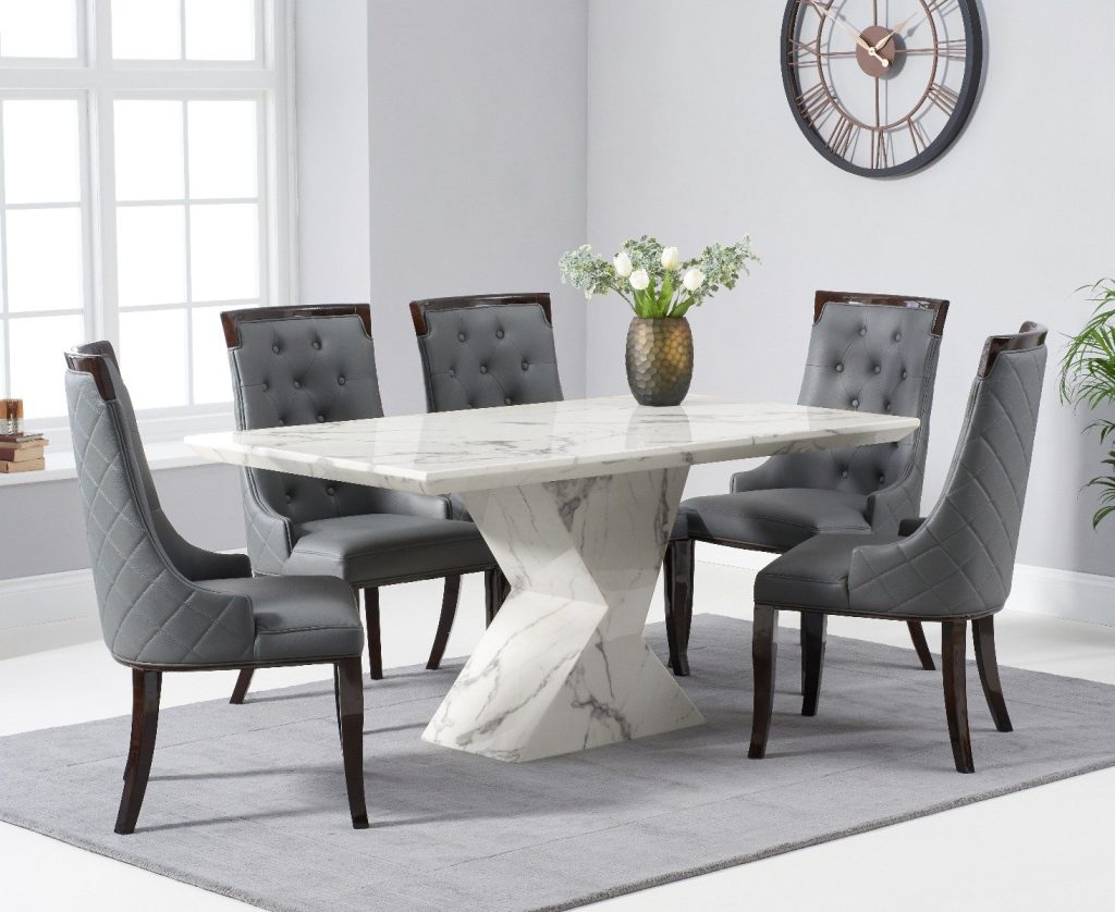 Aaron 160cm Marble White Dining Table with 8 Cream Francesca Chairs