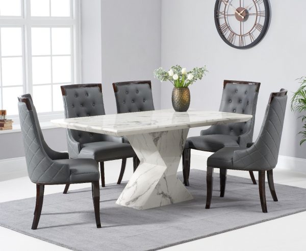 Aaron 160cm Marble White Dining Table with 8 Cream Francesca Chairs | Bed Sava