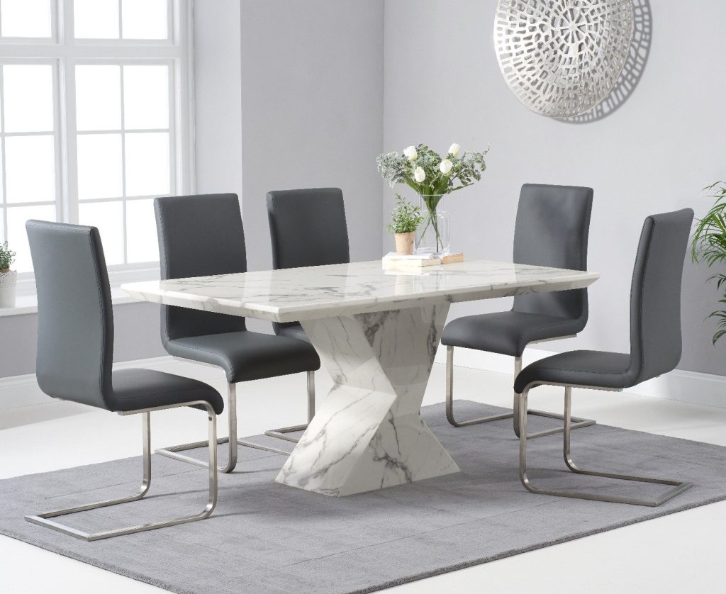 Aaron 160cm Marble White Dining Table with 8 Grey Austin Chairs