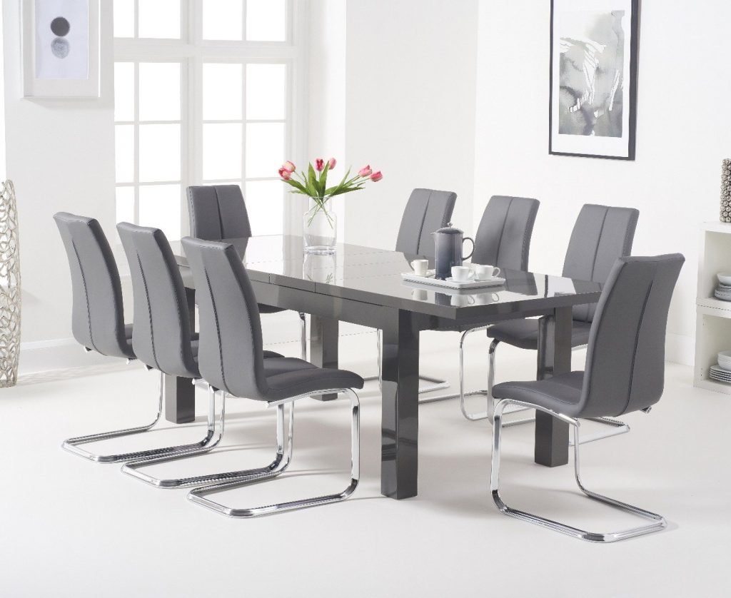 Extending Seattle 160cm Dark Grey High Gloss Dining Table with 4 Grey Gianni Chairs