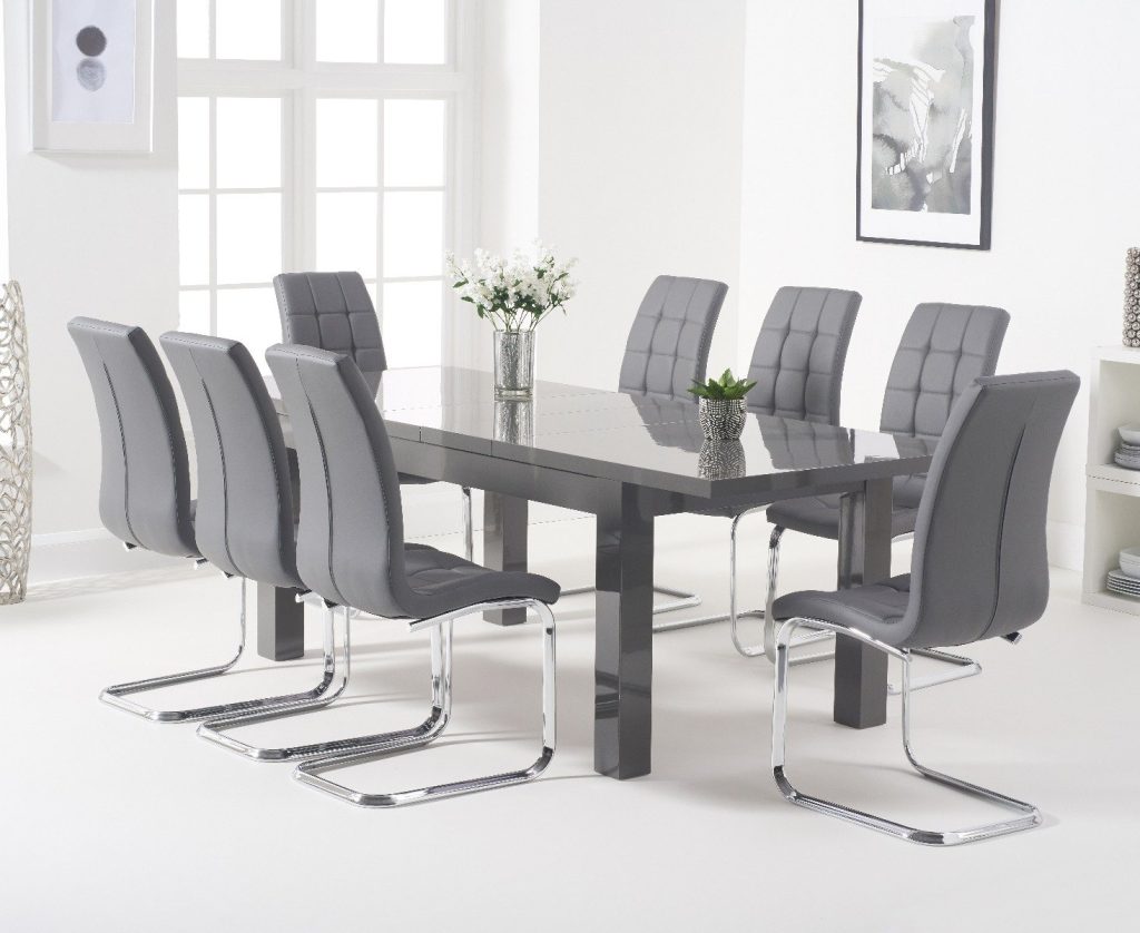 Extending Seattle 160cm Dark Grey High Gloss Dining Table with 6 White Vigo Chairs
