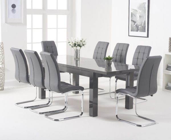Extending Seattle 160cm Dark Grey High Gloss Dining Table with 8 Grey Vigo Chairs | Bed Sava