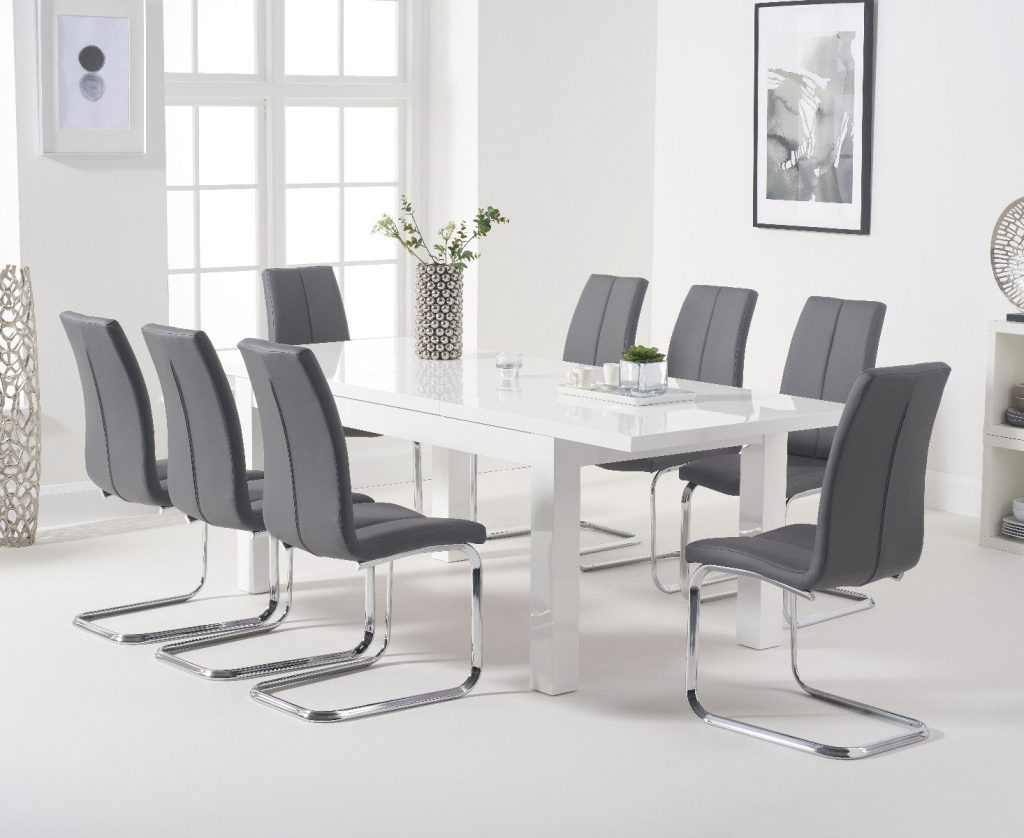 Extending Seattle 160cm White High Gloss Dining Table with 6 Grey Gianni Chairs