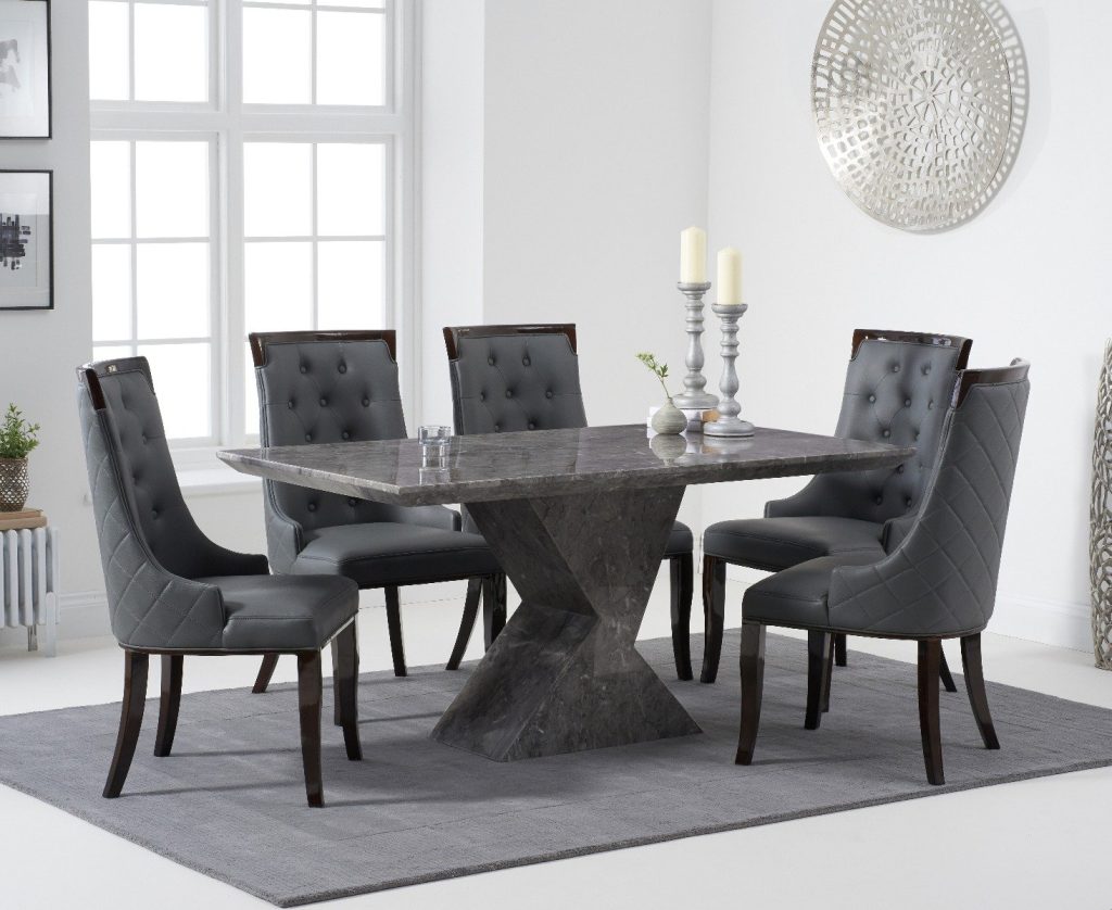 Aaron 160cm Marble Grey Dining Table with 6 Cream Francesca Chairs