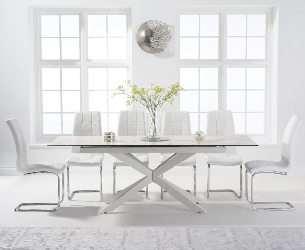 Extending Boston 180cm White Ceramic Dining Table with 8 White Vigo Chairs | Bed Sava