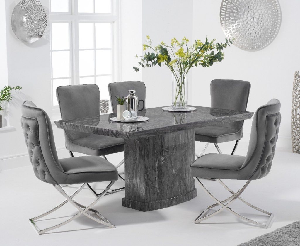 Carvelle 160cm Grey Pedestal Marble Dining Table with 4 Grey Lorenzo Chairs