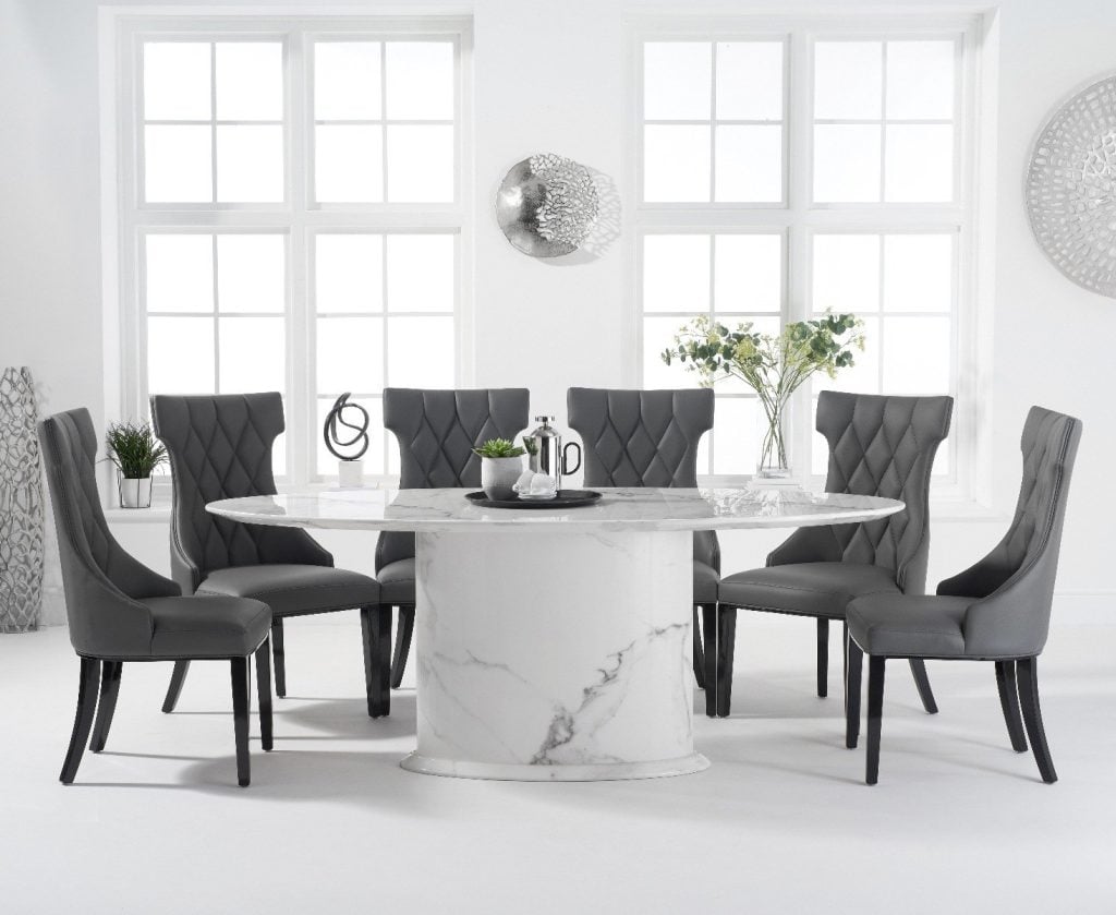 Colby 200cm White Oval Marble Dining Table with 6 Cream Sophia Chairs