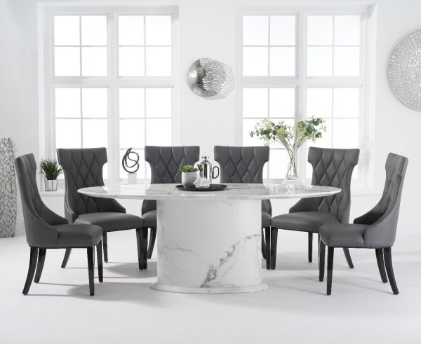 Colby 200cm White Oval Marble Dining Table with 6 Cream Sophia Chairs | Bed Sava